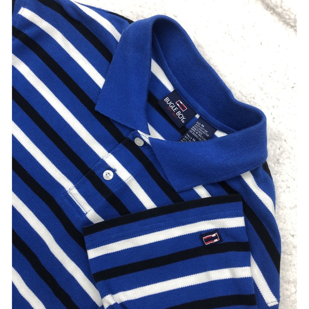 VTG 90s Bugle Boy Polo Shirt Mens M Blue Black Stripe Short Sleeve Retro Casual